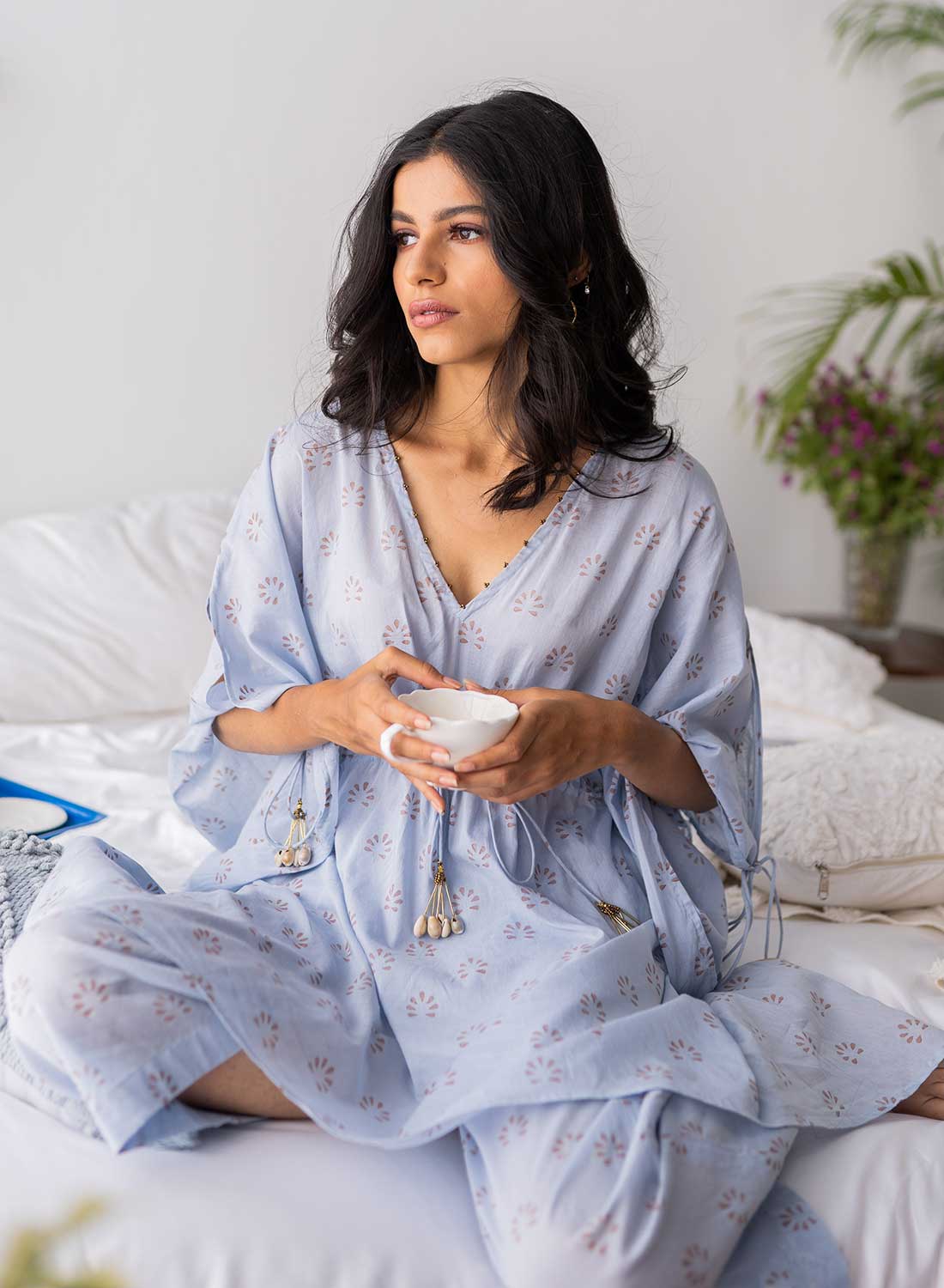 Esta Stone Crepe Kaftan Top with Periwinkle Blue Georgette Saree