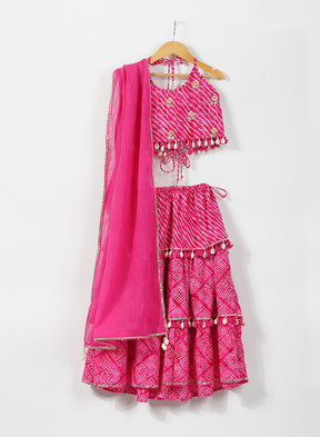 Kids Pink Leheriya Lehenga Set