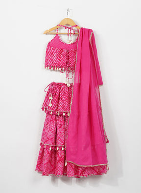 Kids Pink Leheriya Lehenga Set